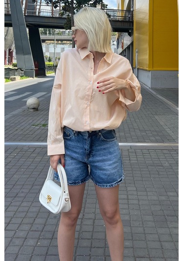 Madmext Sarı Çizgili Over Fit Gömlek Mg1525 Sarı