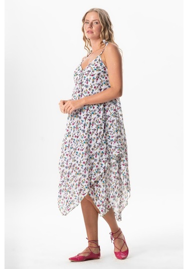 Askılı Vual Afrodit Midi Boy Yazlık Elbise Menekşe Beyaz 6242 Menekşe Beyaz