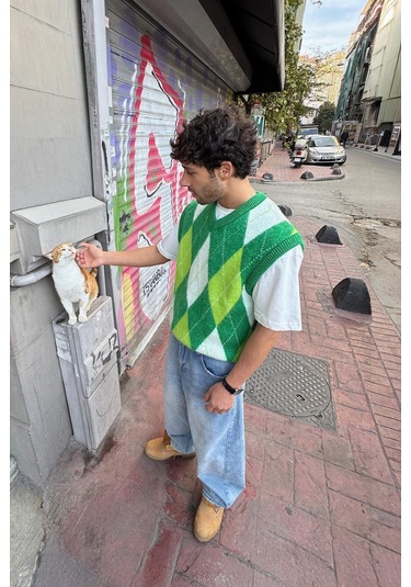 Flaw Baklava Desen Triko Süveter Yeşil Yeşil