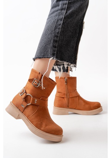 02-2013 Taba Süet Toka Aksesuarlı Fermuarlı Günlük Kadın Bot Taba