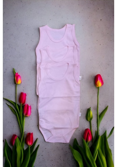 Bebek Basic Ribana Bisiklet Yaka Fitilli 3lü Atlet Body -pembe Pembe