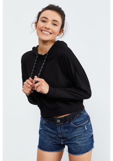 Tommy Life Siyah Uzun Kol Rahat Form Kapüşonlu Kadın Sweatshirt - 97115 Siyah