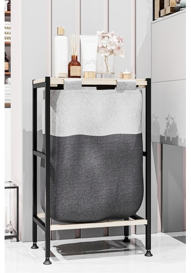 Bino Ahşap Raflı Keten Kumaşlı Banyo Düzenleyici Çamaşır Sepeti Siyah