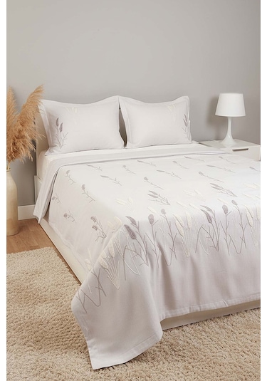 Açık Gri Willow Breeze Desen Çift Kişilik Nakışlı Yatak Örtüsü Seti