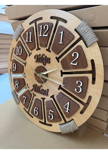 İsime Özel Ahşap Dekoratif Halatlı Duvar Saati Kahverengi