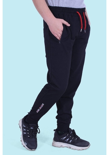 Fermuar Cep Detaylı, Yazı Baskılı Erkek Çocuk Eşofman Altı Siyah