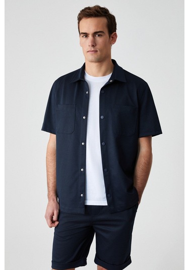 GRIMELANGE Melos Erkek Kısa Kollu Cepli Çıtçıtlı Relaxed Fit Lacivert Gömlek Lacivert