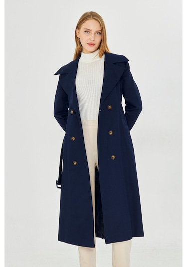 %100 Pamuk Ekstra Uzun 120cm Kruvaze Kadın Trençkot 1121 Lacivert