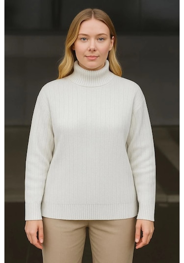 Kadın Balıkcı Yaka Bağazlı Triko Kazak Pamuklu Kalın Fitilli Dokuma - Beyaz Beyaz