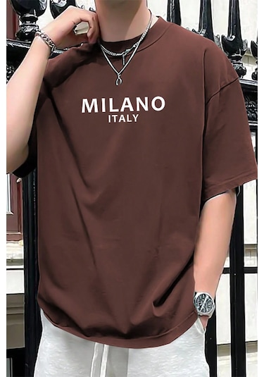 Erkek Milano Baskılı Oversize Tshirt Kahverengi