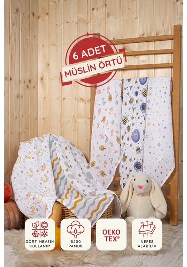 Dijital Baskılı 6lı Çok Amaçlı Müslin Örtü Seti - 75 x 75 Çok Renkli