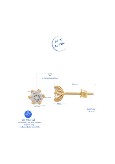 Moom Mücevherat Kadın Tek Taş Küpe 14 Ayar Altın N11.15607