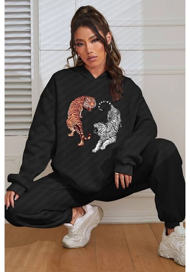 Uyguntarz Unisex Tiger Baskılı Eşofman Takımı Siyah
