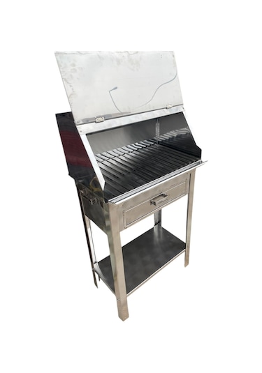 Paslanmaz Kömürlü Mangal Sehpalı 28 X 50 Cm Bacalı Çekmeceli Mangal Gri