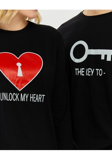 Bella Dossi Çiftlere Özel Kombin Kalbimin Anahtarı Pijama Takımı Siyah