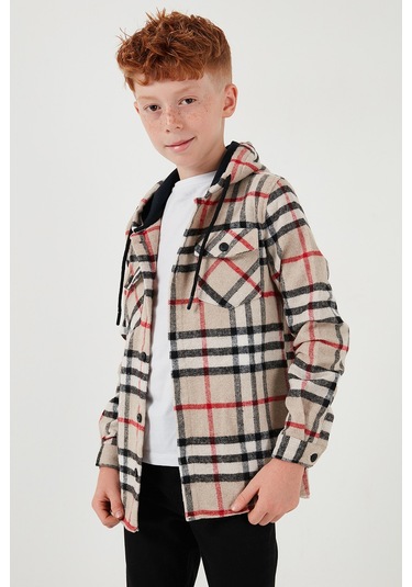Lela Kapüşonlu Çift Cepli Ekoseli Oduncu Erkek Çocuk Gömlek Cf25W81786 Bej