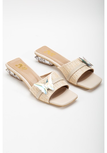 Hasır Kelebek Taş Tokalı Bej Kadın Kısa Topuklu Terlik-3089-bej Bej