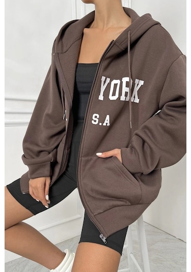 Modagen Unisex Kahverengi Newyork Baskılı Oversize Hırka Kkahverengi