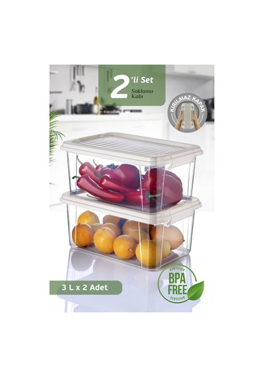 2'li 3 Lt Kilit Kapaklı Erzak Saklama Kabı - Difriz Buzdolabı Düzenleyici Un Bakliyat Saklama Kutusu Bej