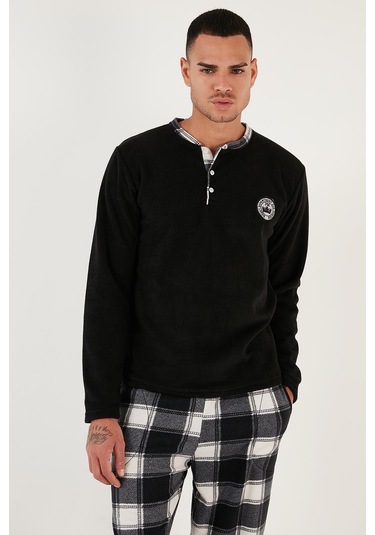 Buratti Ekose Regular Fit Bisiklet Yaka Kışlık Polar Erkek Pijama Takımı 609610013W4 Siyah-Beyaz