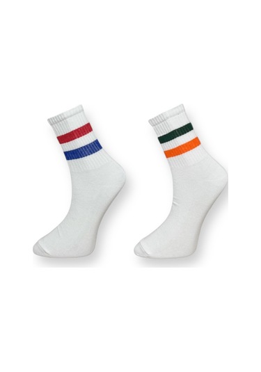 2'li Unısex Çizgili Beyaz, Kırmızı-mavi Ve Yeşil-turuncu Şeritli Esnek Nem Alabilen Pamuklu Spor Soket Çoraplar Çok Renkli