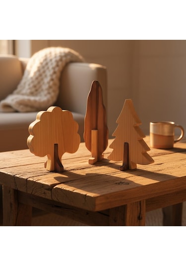 Simdale Wood İsimli Dekoratif Ahşap 3'lü Ağaç Seti Çam, Meşe, Selvi