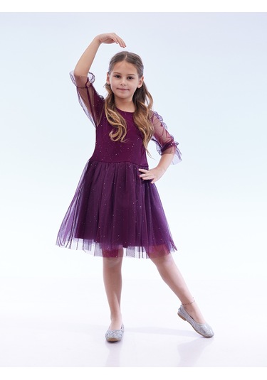 Ahengim Kız Çocuk Yıldız Baskılı Trend Tül Elbise Ak2246 Mor