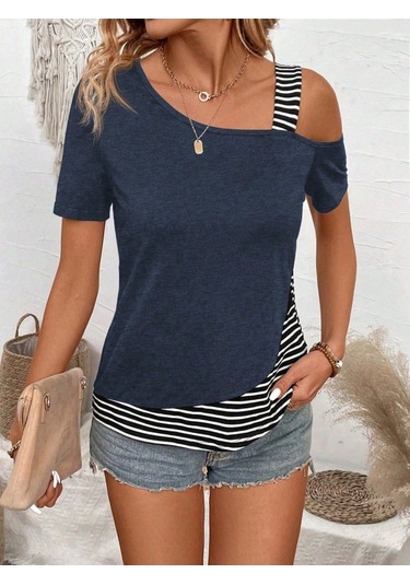 Kadın Kısa Kollu Omuzdan Askılı Viskon Bluz Lacivert