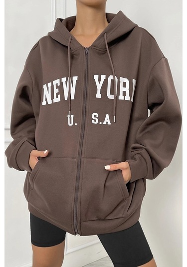 Modagen Unisex Kahverengi Newyork Baskılı Oversize Hırka Kkahverengi