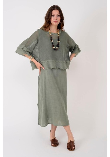 İtalyan Saçak Detaylı Müslin Keteni Yırtmaçlı Elbise - Bluz & 2'li Takım Mürdüm