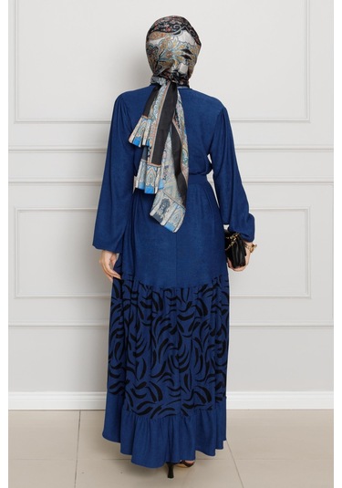 Eteği Desenli Karin Elbise-saks Mavi-4269-saks Mavi Saks Mavi