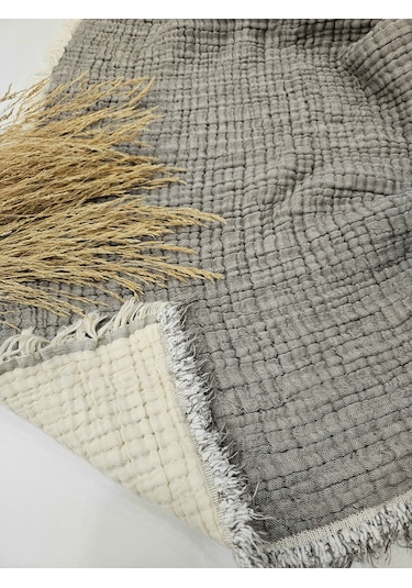 Gri 7 Katlı Çift Taraflı Dolgulu Çift Kişilik Müslin Battaniye %100 Pamuk 230x240 Cm Gri