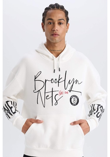 DeFactoFit NBA Brooklyn Nets Oversize Geniş Kalıp Kapüşonlu Kalın Sweatshirt D8513AX25SPER105