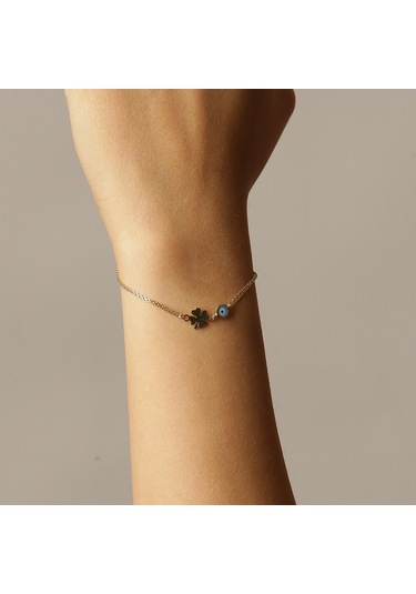 Nazar Boncuklu Yonca Bileklik Sarı Altın