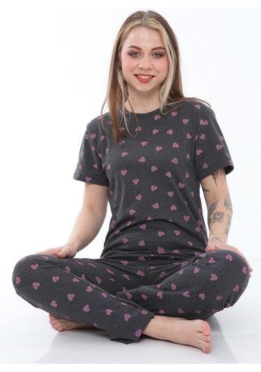 Fames Pijama Antrasit Kalp Desenli Pamuklu Yazlik Pijama Takim Antrasit
