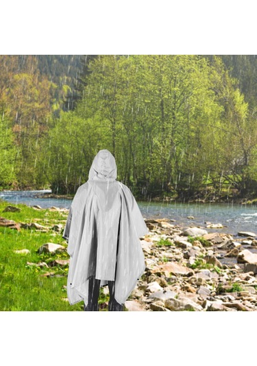 Tomshoo Kapşonlu Yağmur Panço Cep Hafif Su Geçirmez Gri