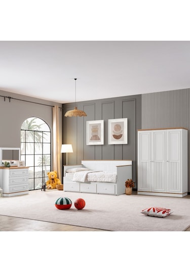 Genç Odası, Marmaris 3 Kapaklı Dolap, Yavrulu Sedir Karyola, Şifonyer Beyaz