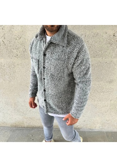Erkek Pelüş Polar Hırka Gömlek Yakalı, İlik Düğmeli, Göğüs Cepli, Yumuşak Dokulu Kışlık Regular Fi Gri