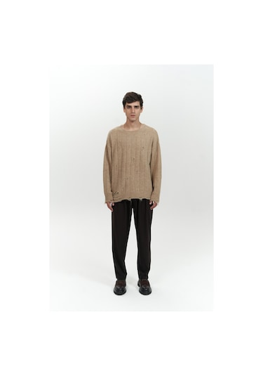 Vincent Yırtık Detay Vizon Erkek Triko Kazak Vizon