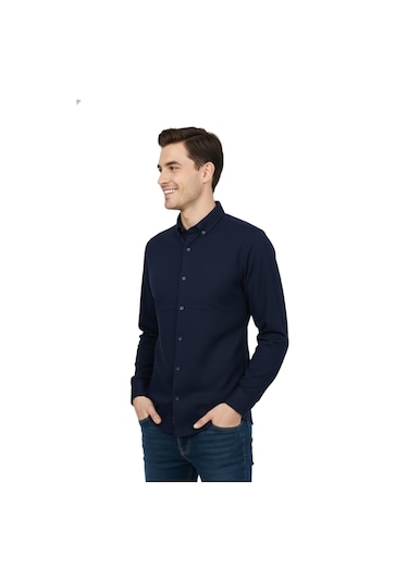 Rasstmen Erkek Spor Slim Fit Uzun Kol Petek Dokulu Gömlek Bgl-st04823 Lacivert