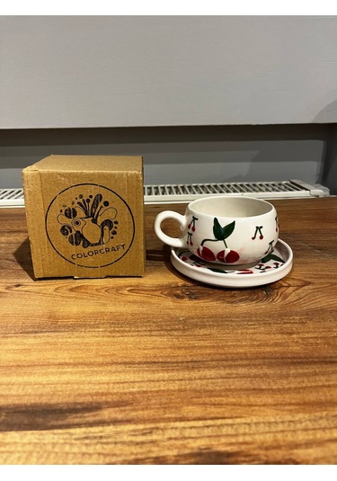 Büyük Kiraz Desenli Tabaklı Seramik Kupa, Mug, Double Türkkahvesi