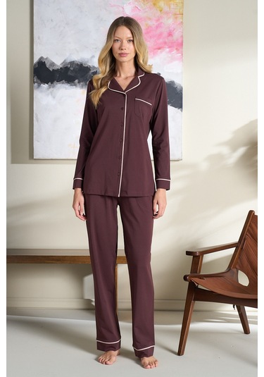 Kadın Interlok Penye Uzun Kol Pijama Takımı 3106 Kahverengi Kahverengi