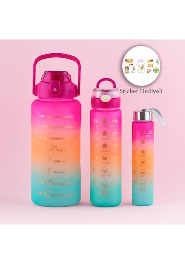 Porsima 11918 3lü Motivasyon Stickerlı Kokusuz Matara Suluk Fuşya