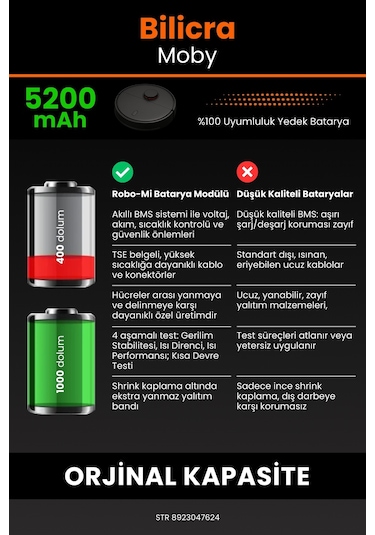 Bilicra Moby Akıllı Robot Süpürge Uyumlu Batarya 5200 Mah