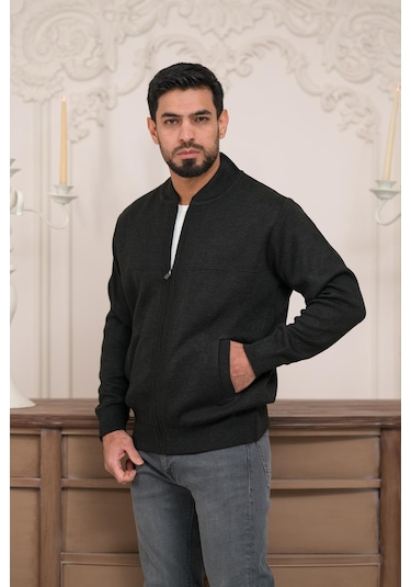 Woolen World Pilot Yaka Fermuar Kapamalı Klasik Kesim Astarlı Çelik Örgü Hırka Antrasit