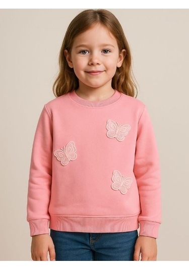Kız Çocuk Kelebek Desenli Sweatshirt-16229 Pembe