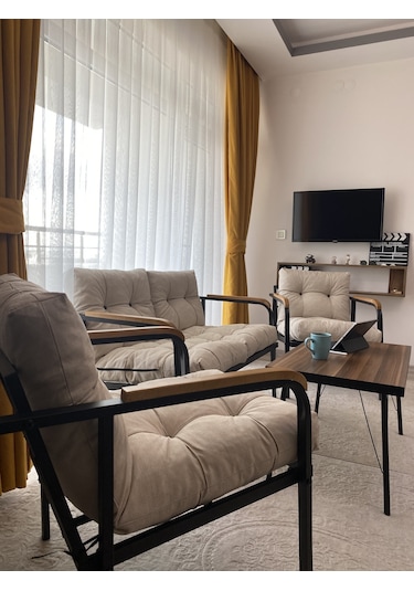 Modern Mars Balkon, Bahçe, Cafe - Salon - Metal Kanepe Koltuk Takımı - 2+1+1 + Sehpa Krem Modernsh55 Krem