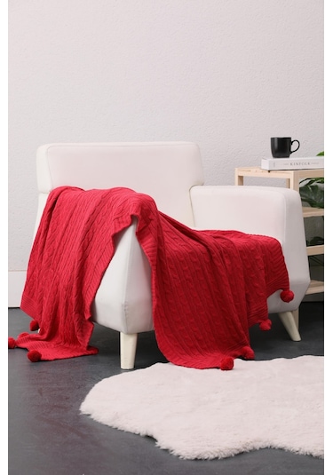 Biocotton Triko Ponponlu Örgü Tv Battaniyesi - Kırmızı
