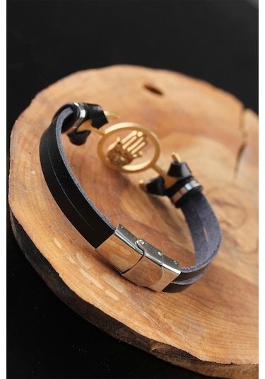 Gold Renk Metal Fatma Ana Eli Tasarım Siyah Renk Deri Erkek Bilek Çok Renkli