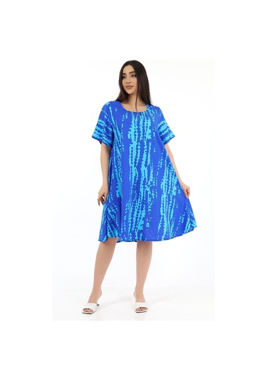 Schık Kadın Viskon Yarım Kol Kare Yaka Elbise Mavi Mavi